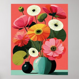 Poster Arte de Parede Floral de Meados do Século Coral