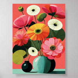 Poster Arte de Parede Floral de Meados do Século Coral