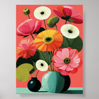 Poster Arte de Parede Floral de Meados do Século Coral
