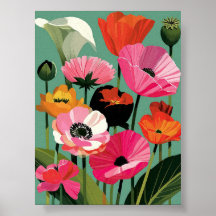 Arte de Parede Floral em Poppy Moderno de Meados d