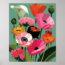 Arte de Parede Floral em Poppy Moderno de Meados d
