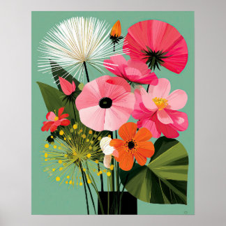 Poster Arte de Parede Floral Rosa Meados do Século Poppy