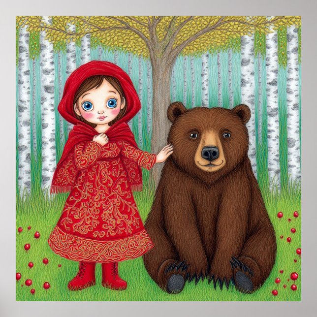 Poster 🌲 Arte de Parede Floresta de Menina e Urso de Des (Frente)