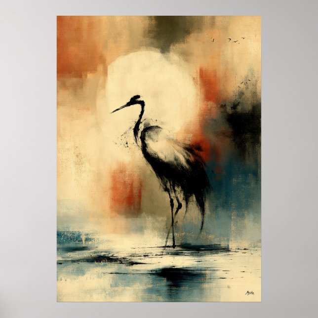 Poster Arte de Parede Garça Abstrata Sumi-E Japonesa Lua (Frente)