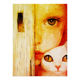 Pôster Arte de Parede Garota Surrealista e Gato – Fantasi