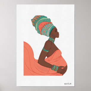 Poster Arte de Parede Ilustrada de Gestante Mulher Negra