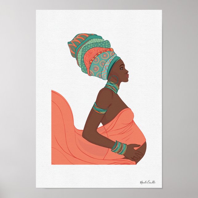 Poster Arte de Parede Ilustrada de Gestante Mulher Negra (Frente)