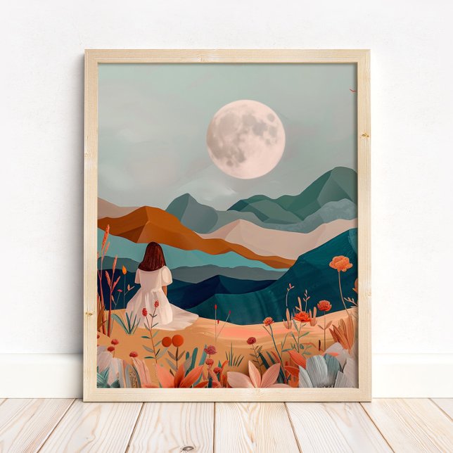 Poster Arte de Parede Impressa de Paisagem Desértica Boêm (Boho Moonlit Desert Landscape Wall Art Print in a neutral wooden frame on the floor)