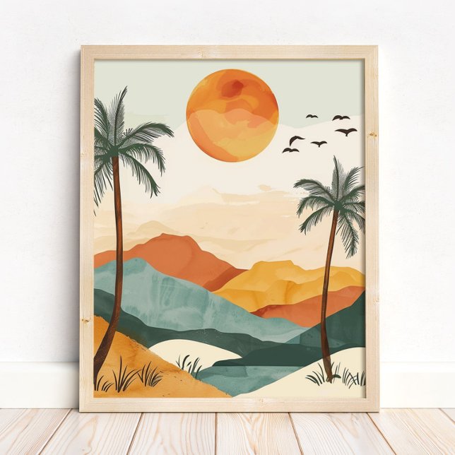 Poster Arte de Parede Impressa Paisagem do Pôr do Sol no  (Boho Desert Sunset Landscape Wall Art Print in a neutral wooden frame on the floor)