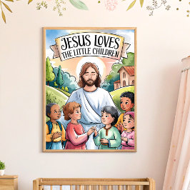 Poster Arte de Parede Infantil Jesus Ama as Crianças