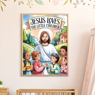 Poster Arte de Parede Infantil Jesus Ama as Crianças