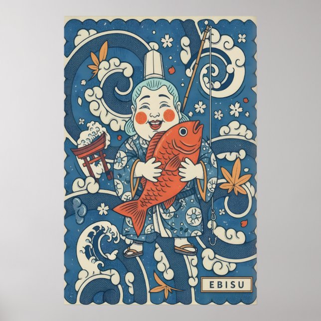 Poster Arte de Parede Japonesa Ebisu Deus Sorridente com  (Frente)