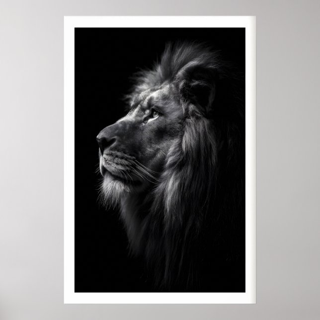 Poster Arte de Parede Leão Preto e Branco Perfil Lateral  (Frente)