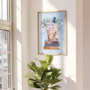 Poster Arte de Parede Livros e Flores Roxo Azul
