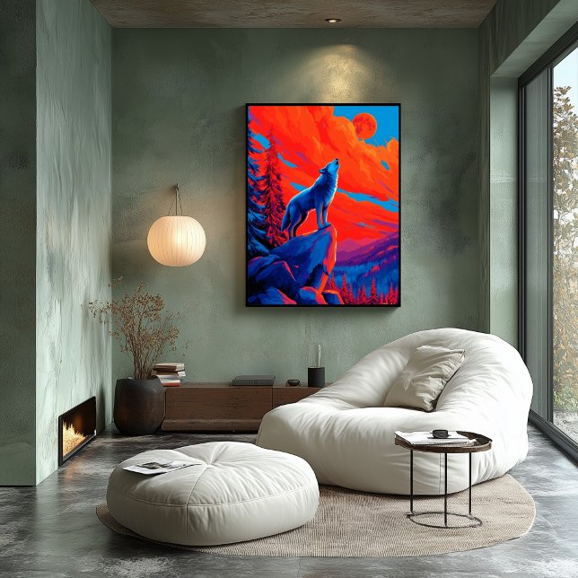 Poster Arte de Parede Lobo Expressionista sob Lua Carmesi (Criador carregado)