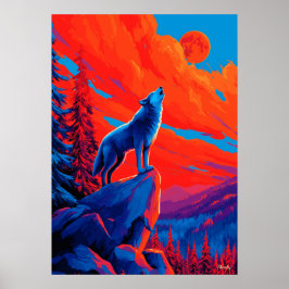 Poster Arte de Parede Lobo Expressionista sob Lua Carmesi