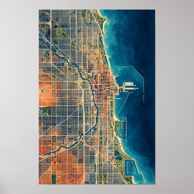 Poster Arte de Parede Mapa Aéreo da Orla de Chicago (Frente)