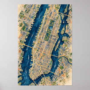 Poster Arte de Parede Mapa Aéreo de Manhattan Nova York