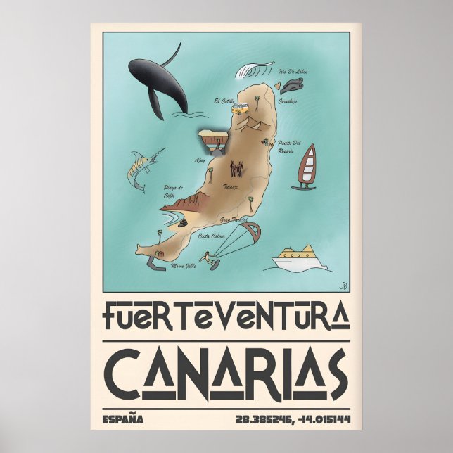 Poster Arte de Parede Mapa de Fuerteventura Ilhas Canária (Frente)