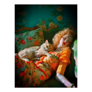 Pôster Arte de Parede Mulher e Gato Vintage – Floral Româ