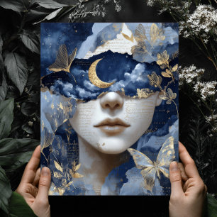 Poster Arte de Parede Mulher Lua Surreal Fantasia Azul Ma