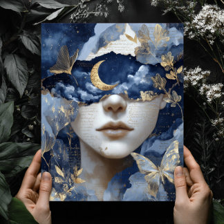 Poster Arte de Parede Mulher Lua Surreal Fantasia Azul Ma
