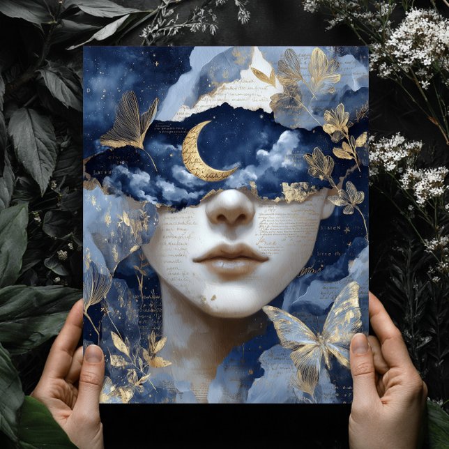 Poster Arte de Parede Mulher Lua Surreal Fantasia Azul Ma (Criador carregado)
