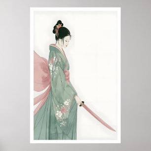Poster Arte de Parede Mulher Samurai Rosa e Verde Floral