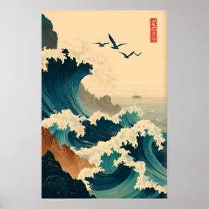 Poster Arte de Parede Onda do Oceano Estilo Japonês Vinta
