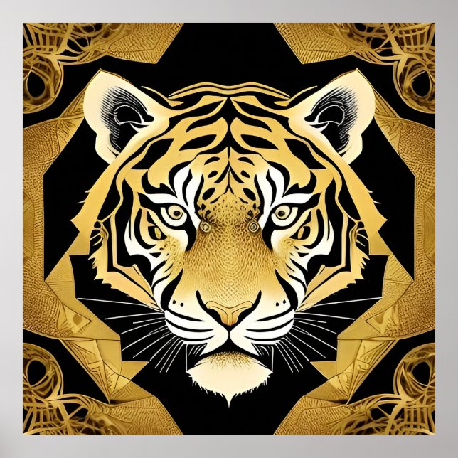 Poster Arte de Parede Ornamental Tigre Dourado Luxo Decor (Frente)