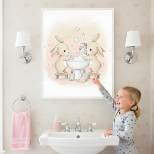 Poster Arte de Parede para Banheiro Infantil Bunny Wash S