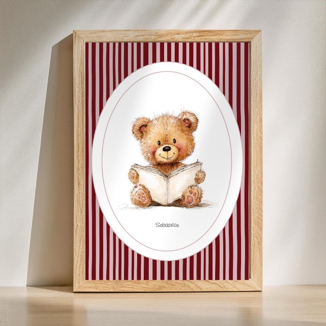 Poster Arte de Parede para Berçário com Nome Personalizad (Custom Name Print - Cute Teddy Bear Reading a Book Nursery Poster)