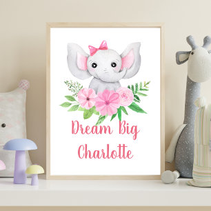 Poster Arte de Parede para Berçário de Menina Elefante Ro