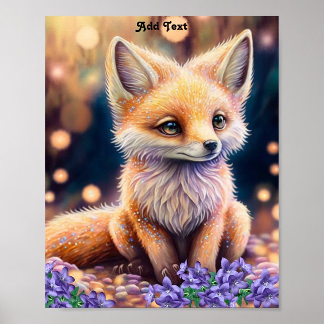 Poster Arte de Parede para Berçário Flores Roxas Raposa C (Frente)