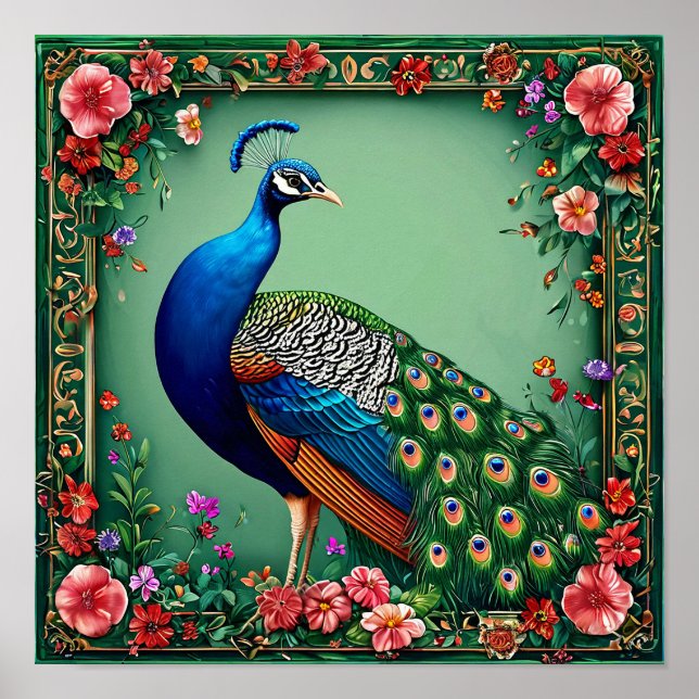 Poster Arte de Parede Pavão Elegante | Ave Floral de Luxo (Frente)
