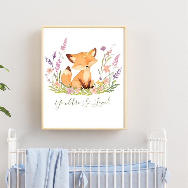 Poster Arte de Parede Personalizada de Bebê Raposa com Fl (Personalized Baby Fox Nursery Wall Art. Add your text or babies name. Baby shower gift, new baby gif)