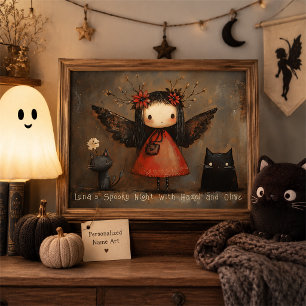 Poster Arte de Parede Personalizada de Fada e Gatos de Ha