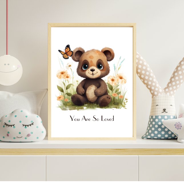 Poster Arte de Parede Personalizada de Urso Bebê Aquarela (Personalized Baby Bear with Butterflies and Flowers Nursery Wall Art Poster)