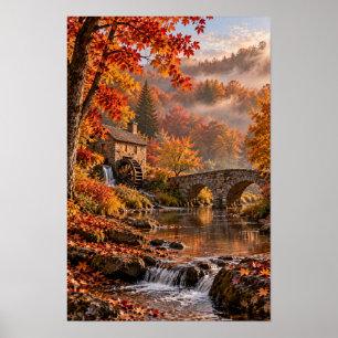 Poster Arte de Parede Ponte de Pedra Moinho de Água Outon