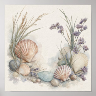 Poster Arte de Parede Quadrada Conchas Costeiras e Lavand