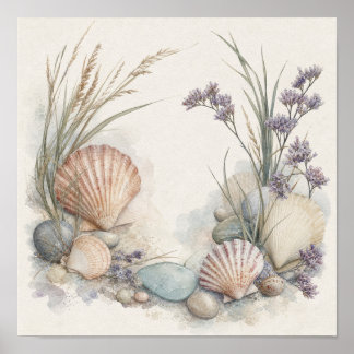 Poster Arte de Parede Quadrada Conchas Costeiras e Lavand