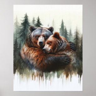 Poster Arte de Parede Rustica de Urso de Árvores em Aquar