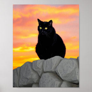 Poster Arte de Parede Silhueta de Gato Preto ao Pôr do So