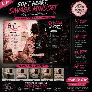 Pôster Arte de Parede Soft Heart Savage Mindset Inspira