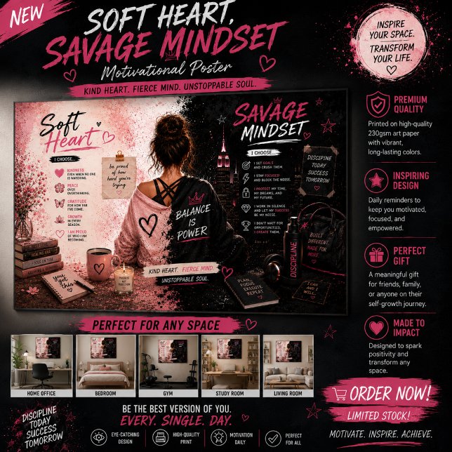 Pôster Arte de Parede Soft Heart Savage Mindset | Inspira (Criador carregado)