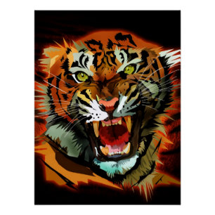 Pôster Arte de Parede Tigre Rugindo Feroz Vida Selvagem S