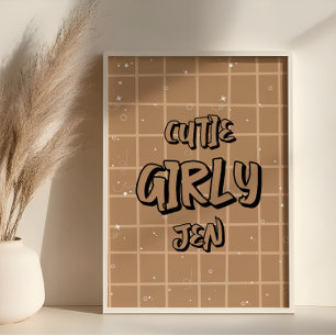 Poster Arte de Parede Xadrez Marrom Menina Fofa