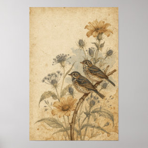 Poster Arte de Paredes de Pássaros Cantores Entre Flores 
