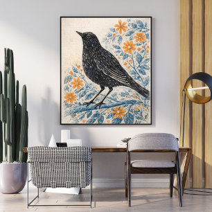 Poster Arte de Pássaro em Estilo Folk Vintage, Animal de