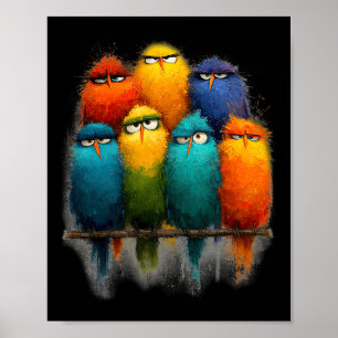 Poster Arte de Pássaros Coloridos e Divertidos Família de